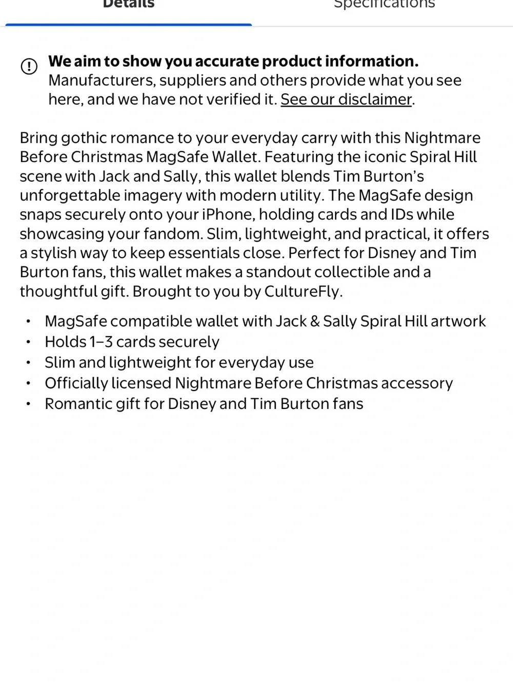 CultureFly Magnetic MagSafe Wallet Nightmare Before Christmas Jack & Sally Hill
